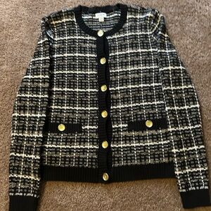 J. Crew Black and White Checkered Cardigan with Gold Accents